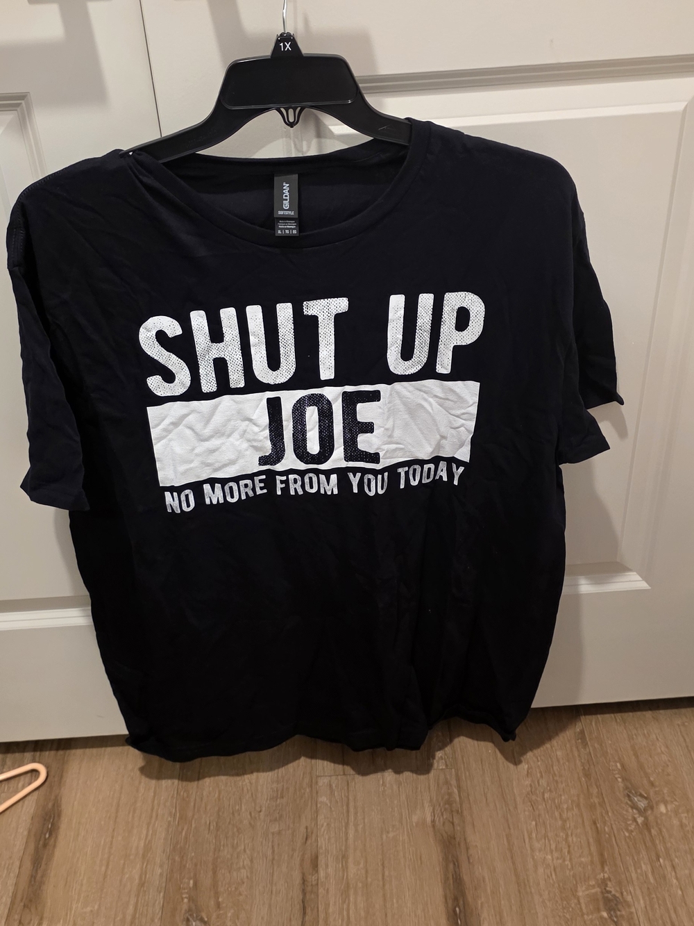 Gildan Black Short-Sleeve Tee with White 'SHUT UP JOE' Graphic